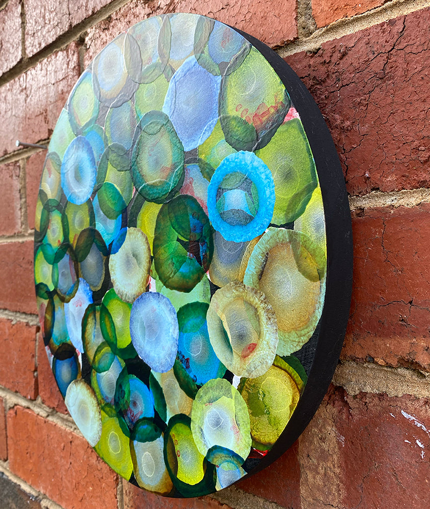 Bio Sphere – Emerald Bloom IV – Abstract Green Painting on Round Wood