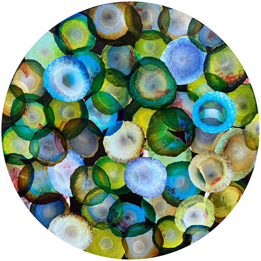 Bio Sphere – Emerald Bloom IV – Abstract Green Painting on Round Wood