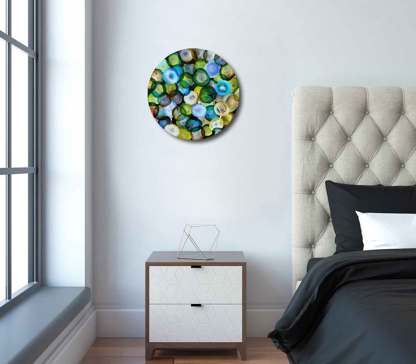 Bio Sphere – Emerald Bloom IV – Abstract Green Painting on Round Wood