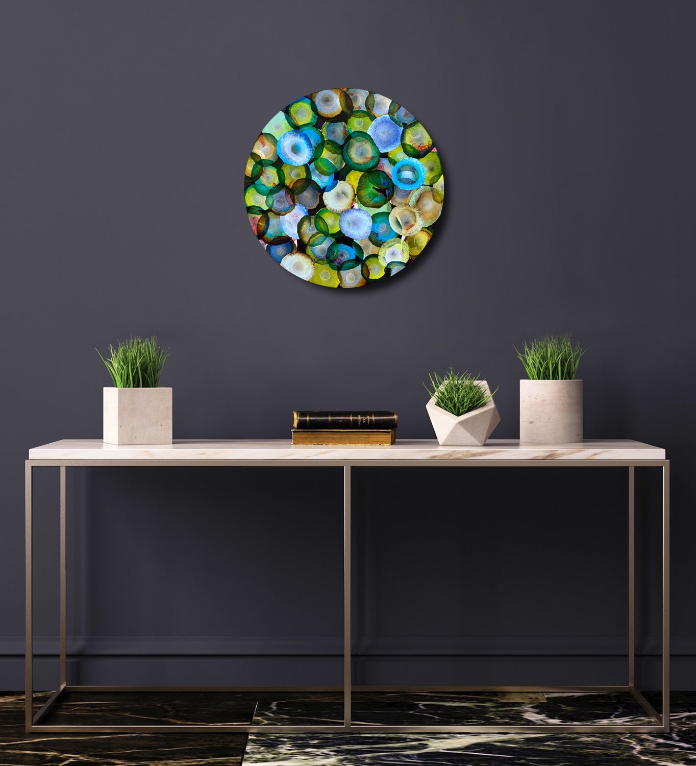 Bio Sphere – Emerald Bloom IV – Abstract Green Painting on Round Wood