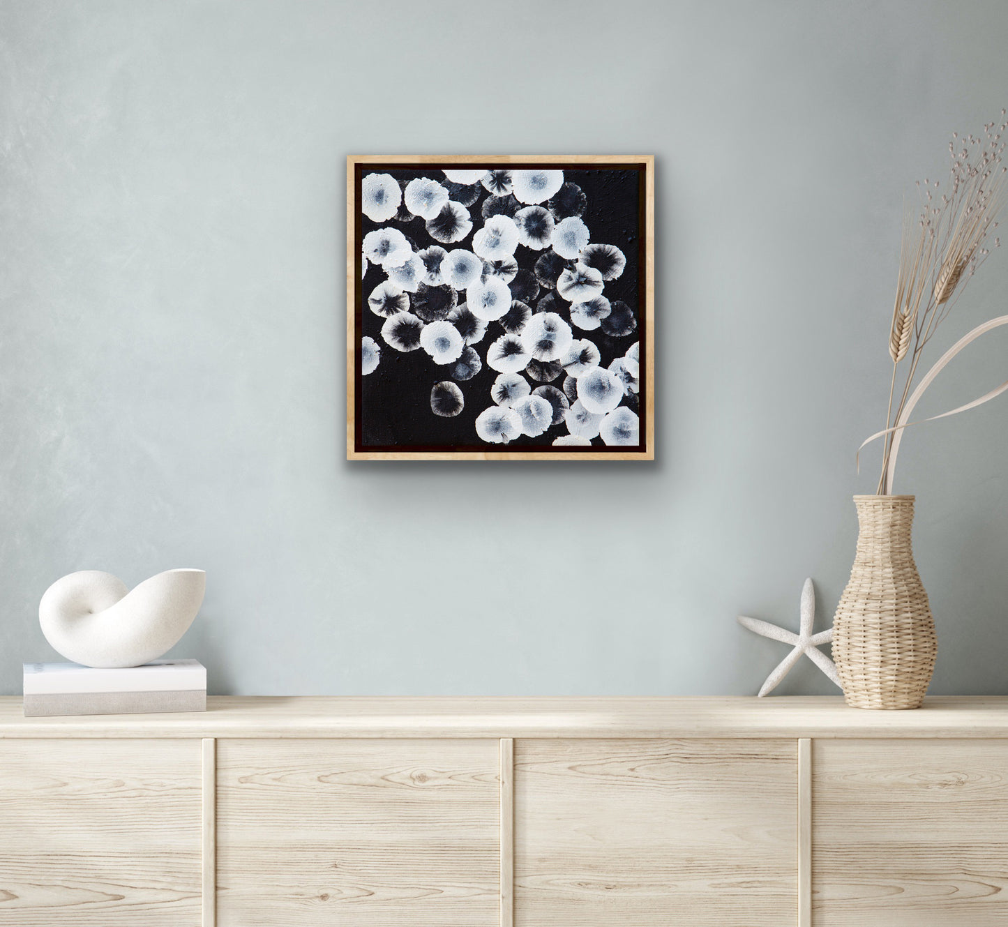 Bioluminous Tideline Dwellers III - Abstract Monochrome Painting Framed