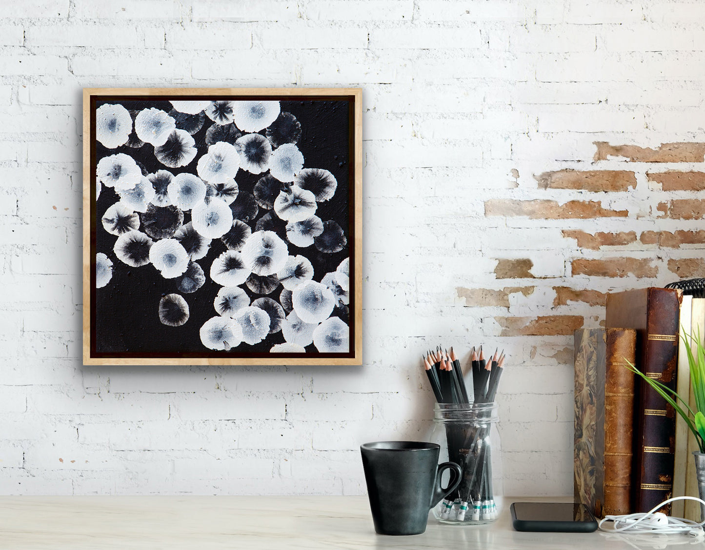Bioluminous Tideline Dwellers III - Abstract Monochrome Painting Framed