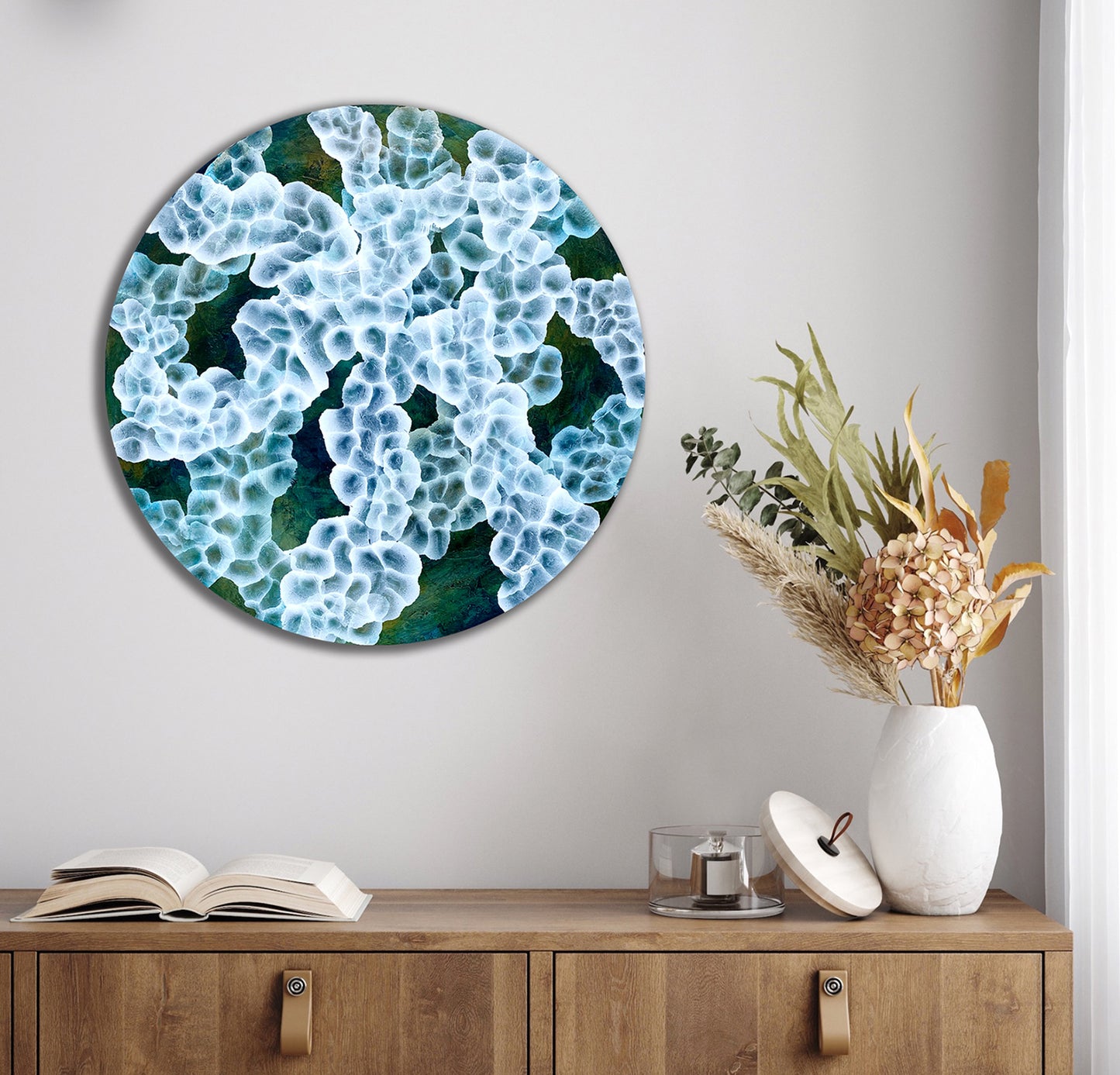 Bio-Sphere Rockpool Bloom – Abstract Painting on Round Wood inspired by sea-life
