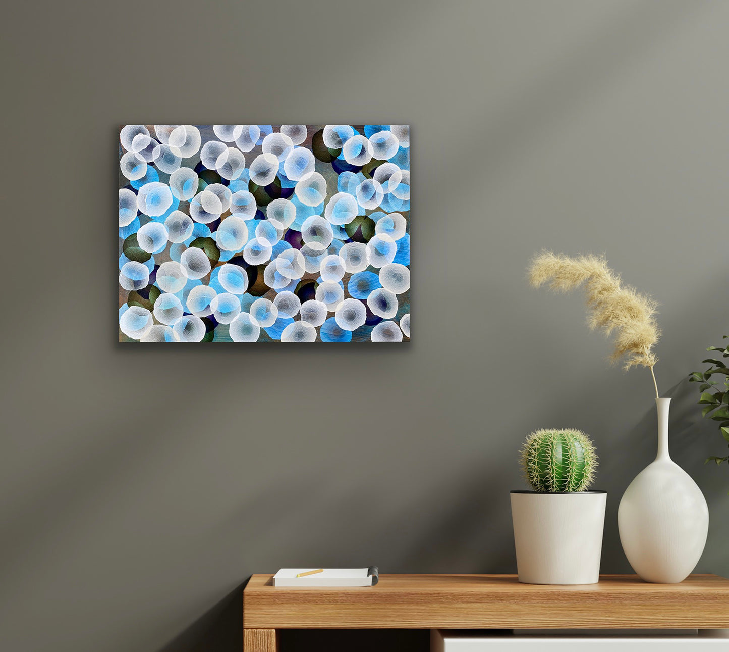 Abstract painting with dots and organic forms reminiscent of science, the sea or underwater. Ocean Art. Colourful with many layers of organic and floating forms. Photographic lights ,like bokeh. A unique mixing of original abstract art with microbiology and science. Cellular art. Jelly fish forms. Bioluminescent bio art. Calming and peaceful.