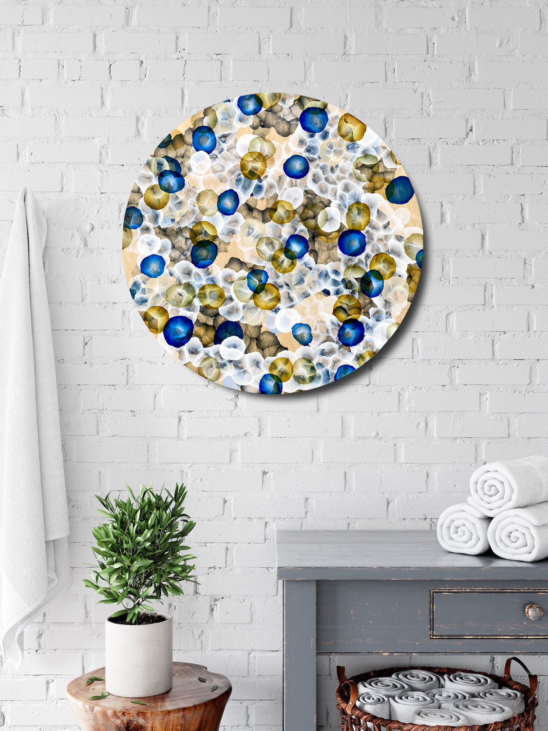 Rock Pool Life Field II – Abstract Painting on Round Wood inspired by sea-life.