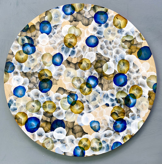 Rock Pool Life Field II – Abstract Painting on Round Wood inspired by sea-life.