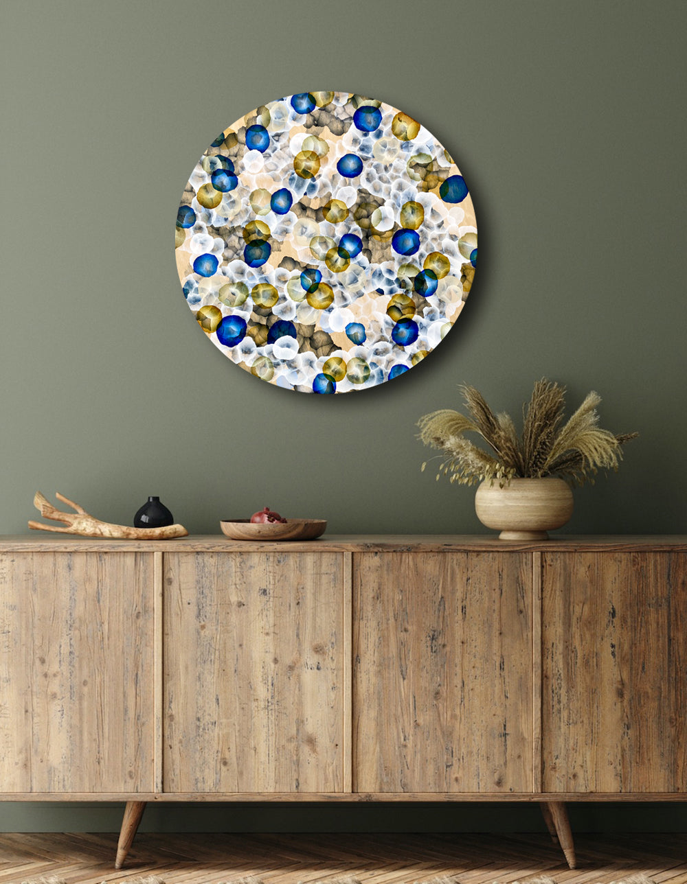 Rock Pool Life Field II – Abstract Painting on Round Wood inspired by sea-life.