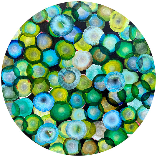 Bio Sphere – Emerald Bloom III – Abstract Green Painting on Round Wood