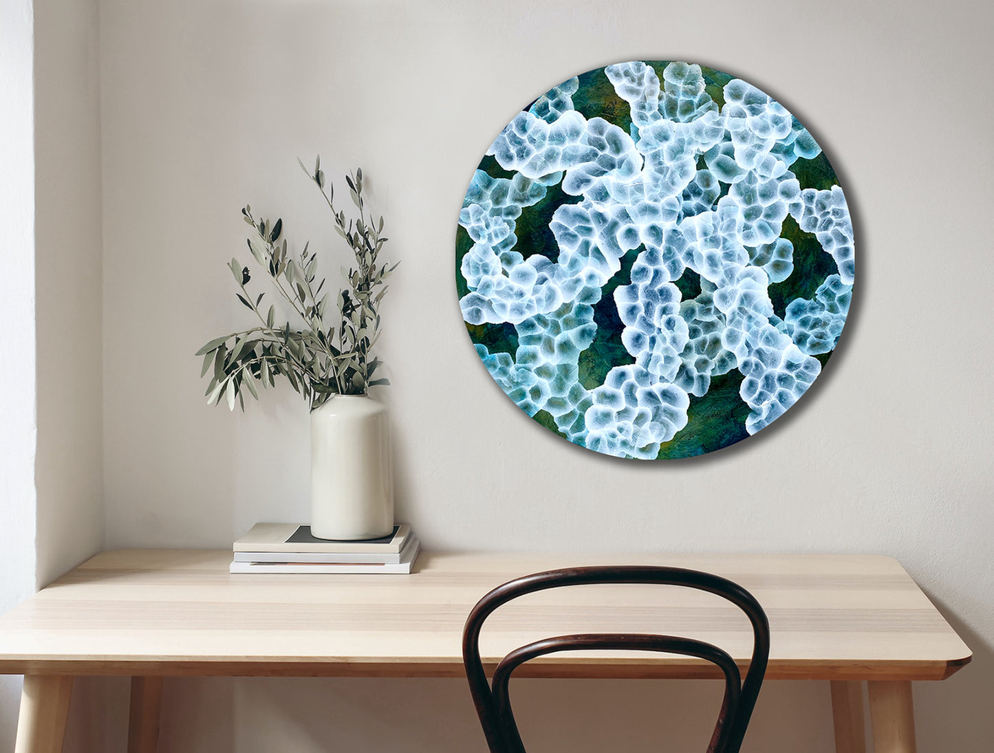 Bio-Sphere Rockpool Bloom – Abstract Painting on Round Wood inspired by sea-life
