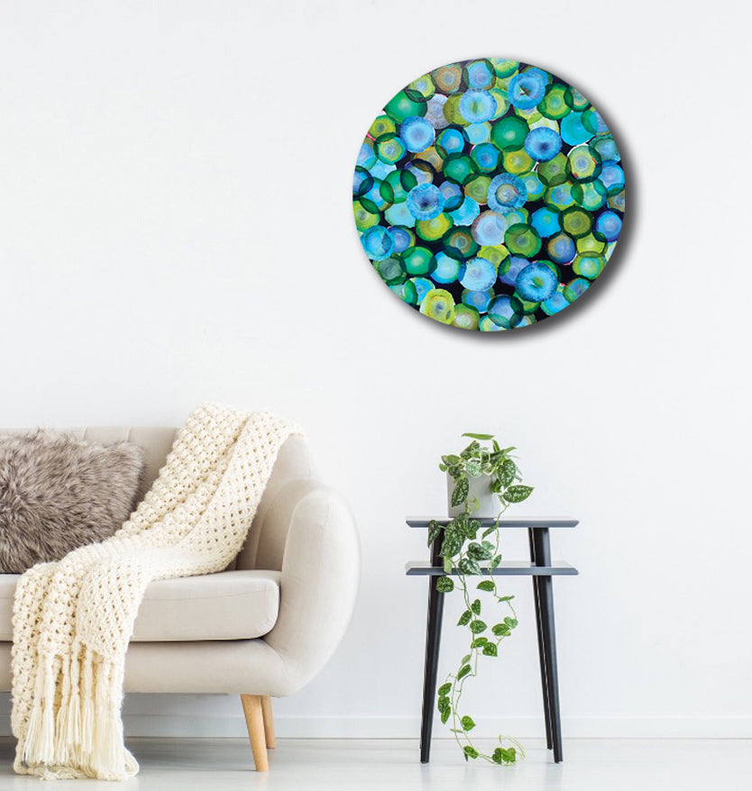 Bio Sphere – Emerald Bloom III – Abstract Green Painting on Round Wood