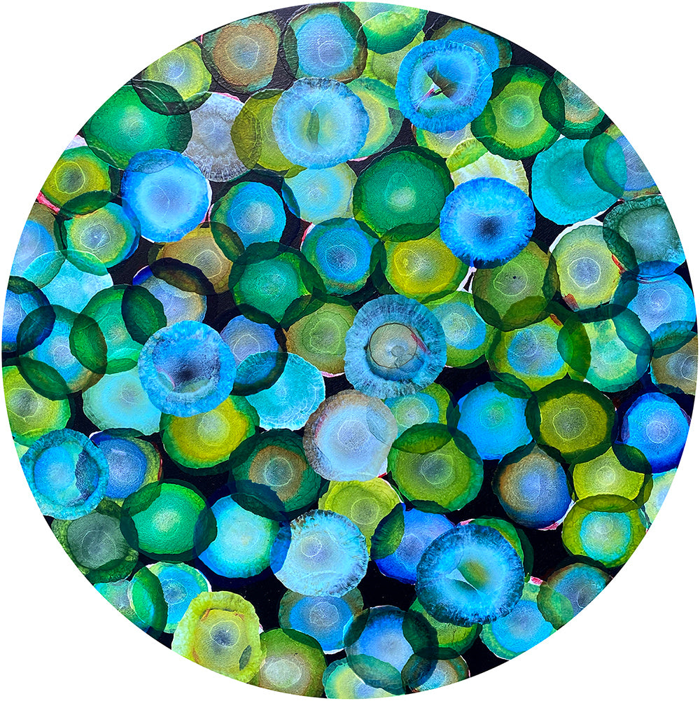 Bio Sphere – Emerald Bloom III – Abstract Green Painting on Round Wood