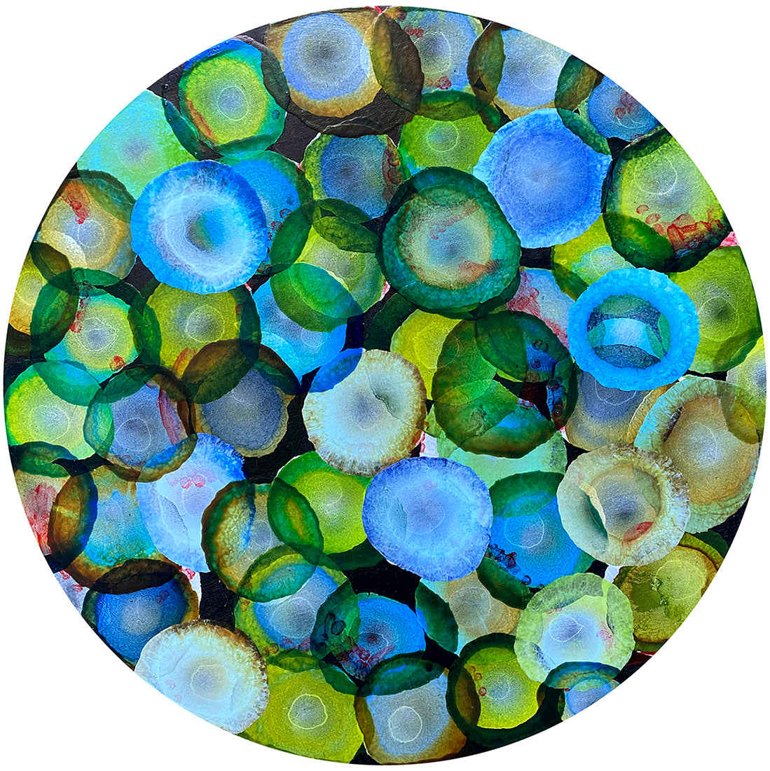Bio Sphere – Emerald Bloom IV – Abstract Green Painting on Round Wood