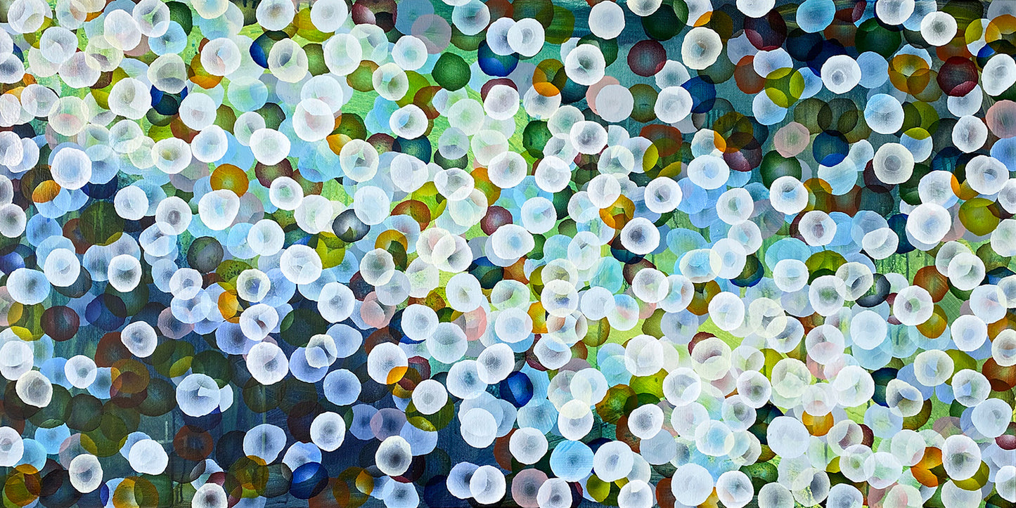 Large Art. Abstract painting with dots and organic forms reminiscent of science, the sea or underwater. Colourful with many layers of colour and floating forms. A unique mixing of original abstract art with microbiology and science. Cellular art. Jelly fish forms. Calming and peaceful.